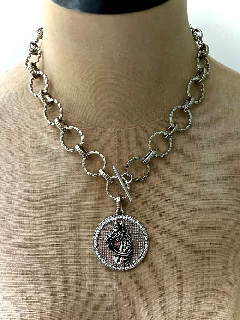 Artisan One-of-a-Kind Platinum-Color Horse Medallion Necklace